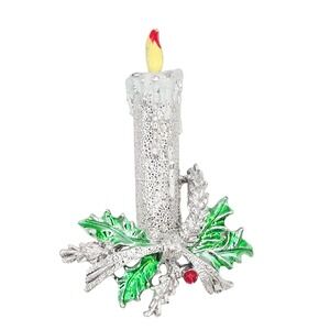 Gerry's Christmas Candle Vintage Pin‎ Brooch Silver Tone Enamel Holly Red Berry